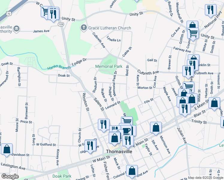 map of restaurants, bars, coffee shops, grocery stores, and more near 316 Memorial Park Drive in Thomasville