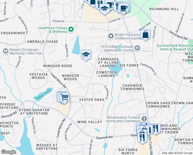 map of restaurants, bars, coffee shops, grocery stores, and more near 831 Swan Neck Lane in Raleigh