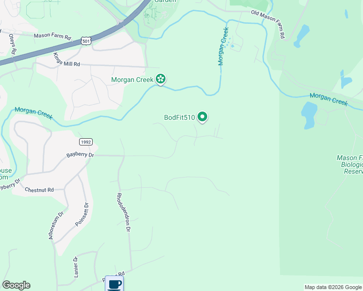 map of restaurants, bars, coffee shops, grocery stores, and more near 100 Morganscliff Court in Chapel Hill