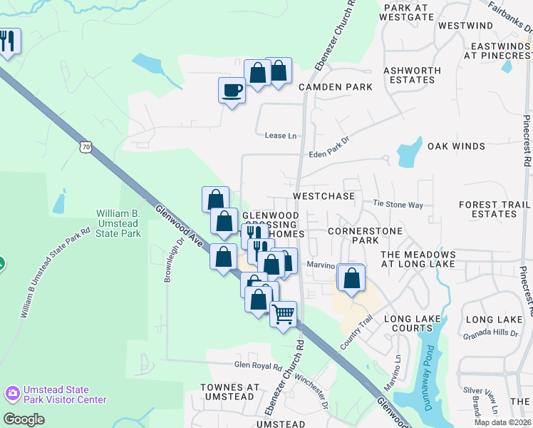 map of restaurants, bars, coffee shops, grocery stores, and more near 8417 SaltWood Place in Raleigh