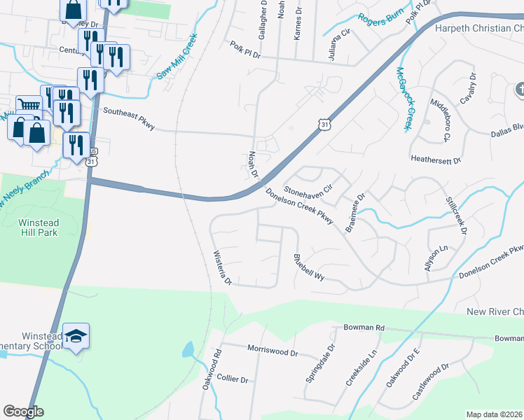 map of restaurants, bars, coffee shops, grocery stores, and more near 204 Wisteria Drive in Franklin