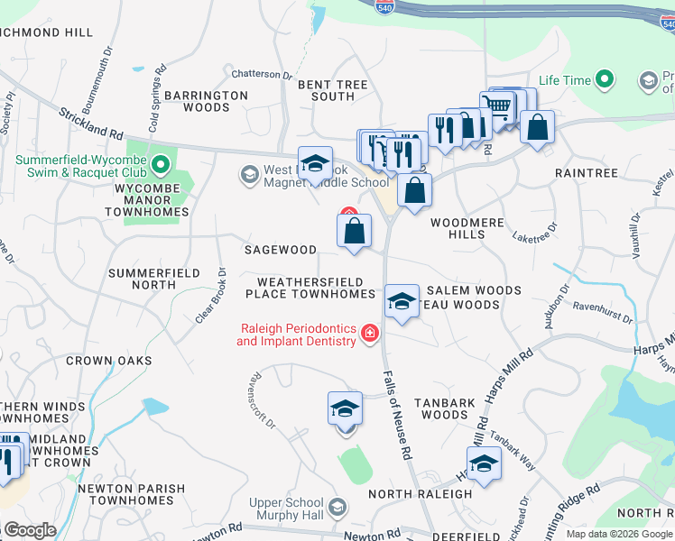 map of restaurants, bars, coffee shops, grocery stores, and more near 8801 Mourning Dove Road in Raleigh