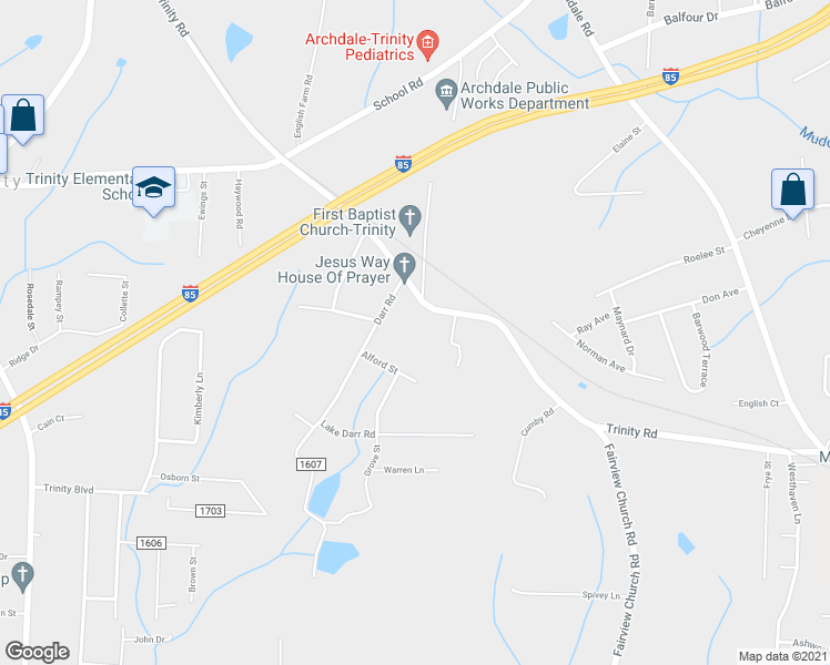 map of restaurants, bars, coffee shops, grocery stores, and more near 12241 Trinity Road in Trinity