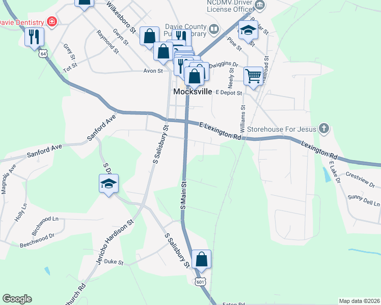 map of restaurants, bars, coffee shops, grocery stores, and more near 100 West Maple Avenue in Mocksville