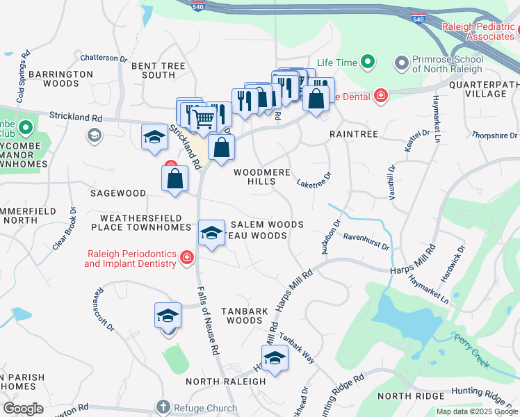 map of restaurants, bars, coffee shops, grocery stores, and more near 7604 Wrexham Court in Raleigh