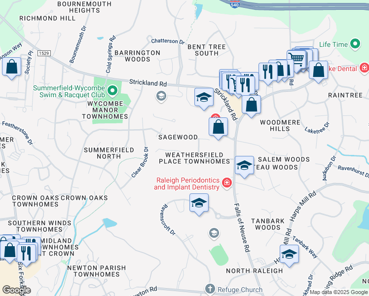 map of restaurants, bars, coffee shops, grocery stores, and more near 8712 Mourning Dove Road in Raleigh