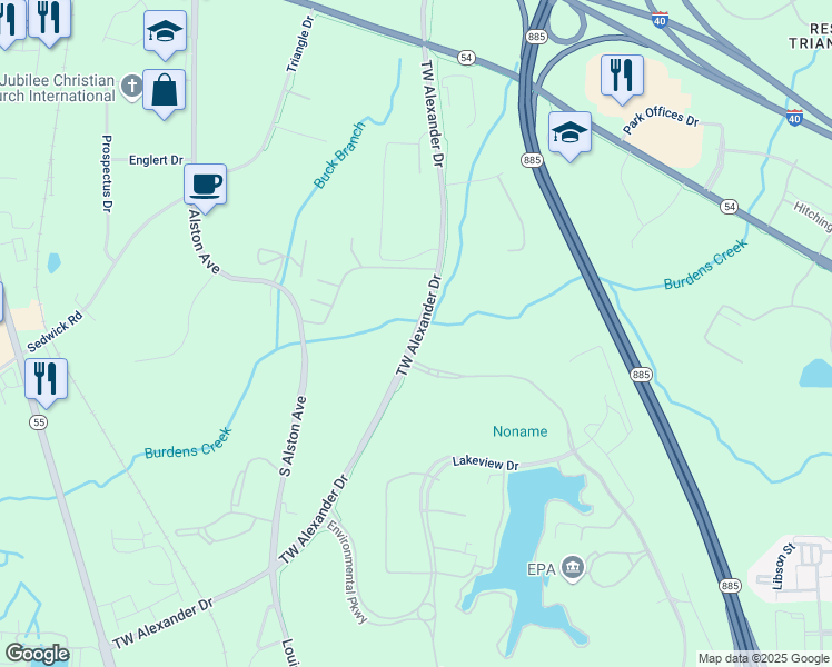 map of restaurants, bars, coffee shops, grocery stores, and more near 125 TW Alexander Drive in Durham