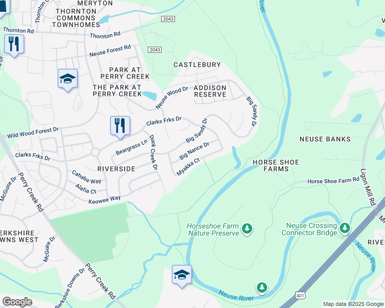 map of restaurants, bars, coffee shops, grocery stores, and more near 5934 Big Nance Drive in Raleigh