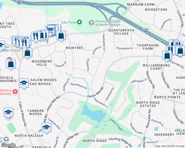map of restaurants, bars, coffee shops, grocery stores, and more near 7712 Vauxhill Drive in Raleigh