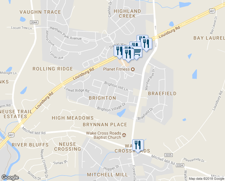 map of restaurants, bars, coffee shops, grocery stores, and more near 8144 Wesley Farm Drive in Raleigh