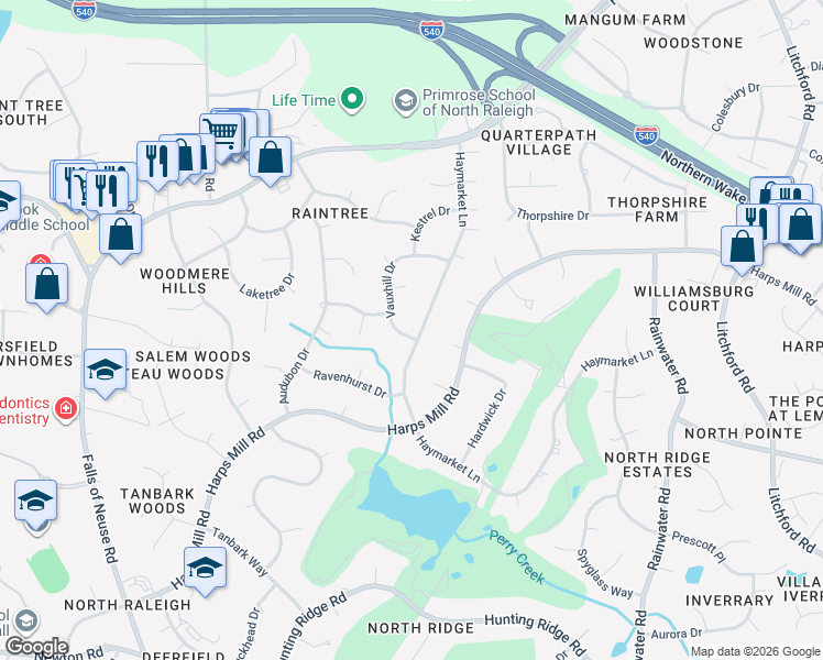map of restaurants, bars, coffee shops, grocery stores, and more near 7712 Vauxhill Drive in Raleigh