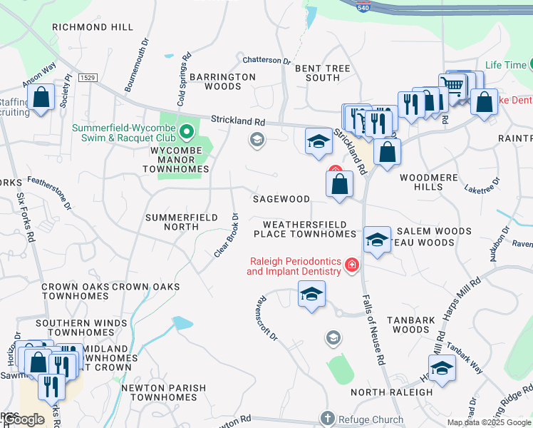 map of restaurants, bars, coffee shops, grocery stores, and more near 425 Weathergreen Drive in Raleigh