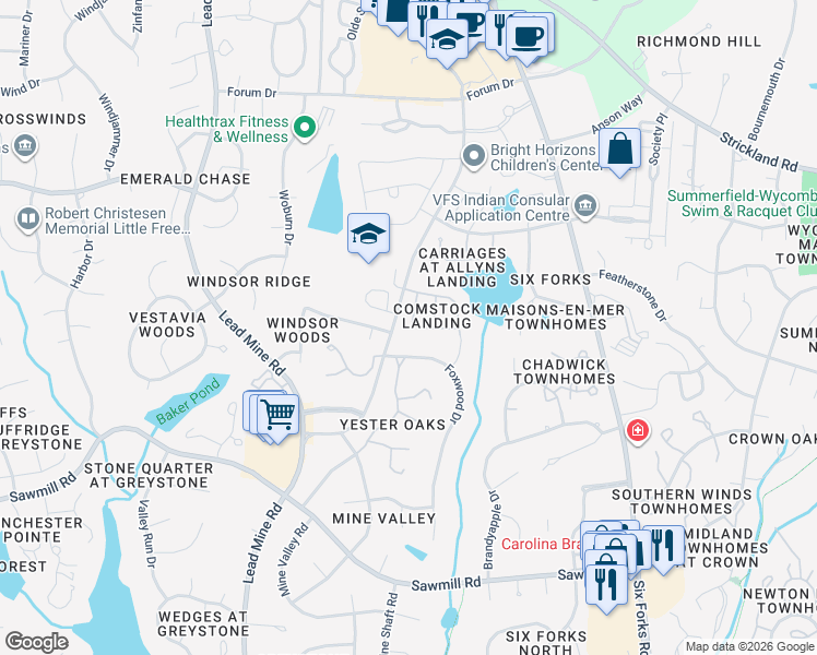 map of restaurants, bars, coffee shops, grocery stores, and more near 831 Swan Neck Lane in Raleigh