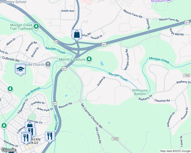 map of restaurants, bars, coffee shops, grocery stores, and more near 120 Mallard Court in Chapel Hill