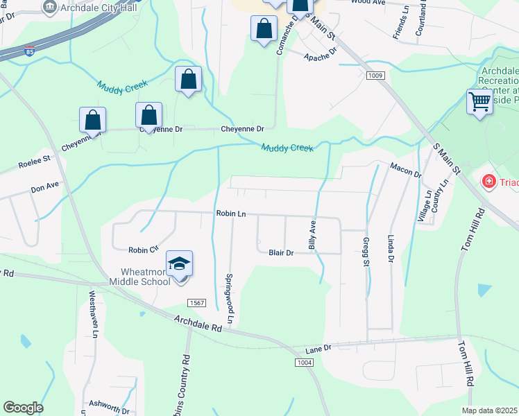 map of restaurants, bars, coffee shops, grocery stores, and more near 709 Robin Lane in Archdale