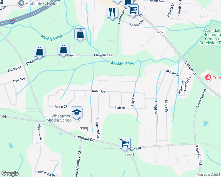 map of restaurants, bars, coffee shops, grocery stores, and more near 709 Robin Lane in Archdale