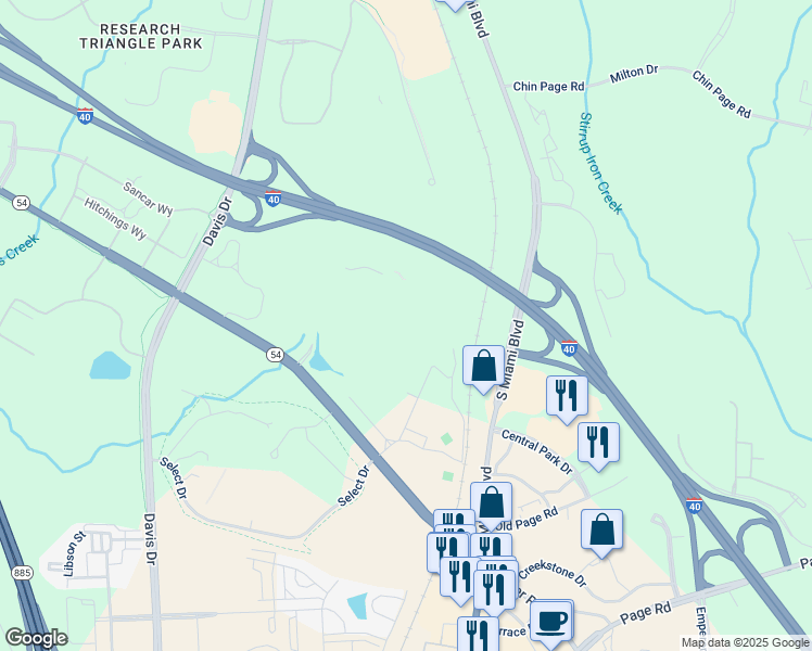 map of restaurants, bars, coffee shops, grocery stores, and more near 4001 North Carolina 54 in Morrisville