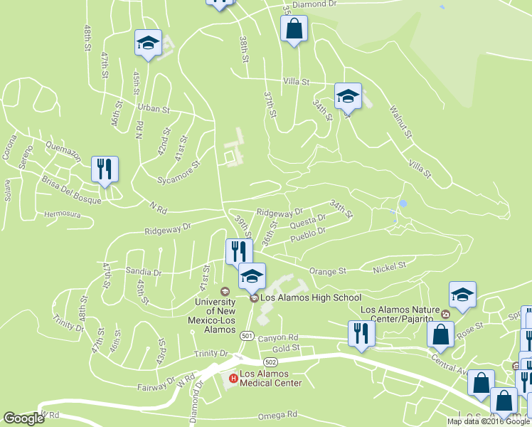 map of restaurants, bars, coffee shops, grocery stores, and more near 1799 37th Street in Los Alamos