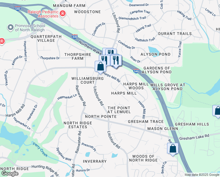 map of restaurants, bars, coffee shops, grocery stores, and more near 8524 Swarthmore Drive in Raleigh