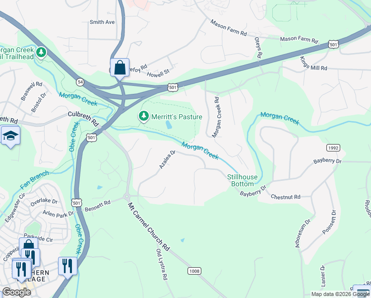 map of restaurants, bars, coffee shops, grocery stores, and more near 325 Azalea Drive in Chapel Hill