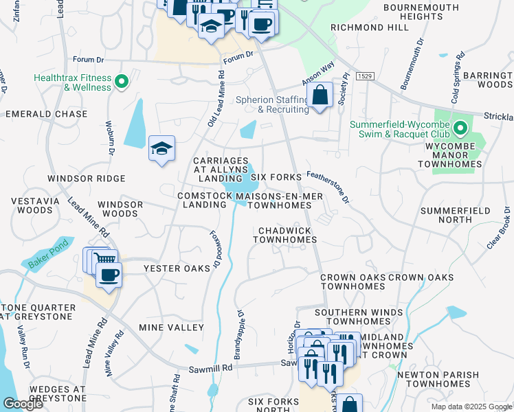 map of restaurants, bars, coffee shops, grocery stores, and more near 8031 Allyns Landing Way in Raleigh