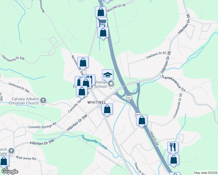 map of restaurants, bars, coffee shops, grocery stores, and more near 116 Hibriten Drive Southwest in Lenoir