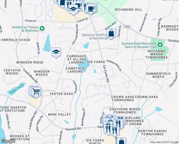 map of restaurants, bars, coffee shops, grocery stores, and more near 8031 Allyns Landing Way in Raleigh