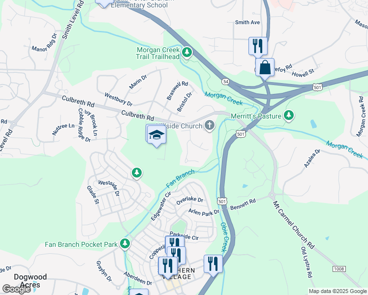 map of restaurants, bars, coffee shops, grocery stores, and more near 102 Fan Branch Lane in Chapel Hill