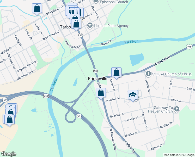 map of restaurants, bars, coffee shops, grocery stores, and more near in Princeville
