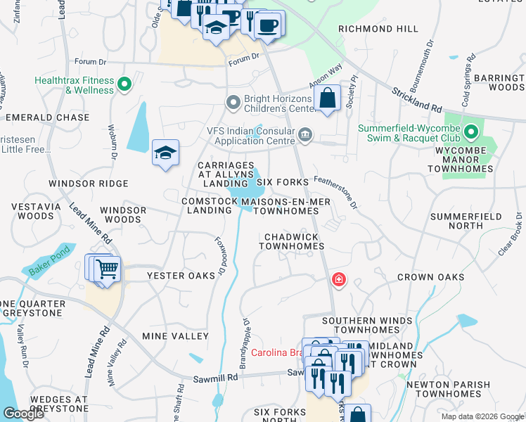 map of restaurants, bars, coffee shops, grocery stores, and more near 8041 Allyns Landing Way in Raleigh