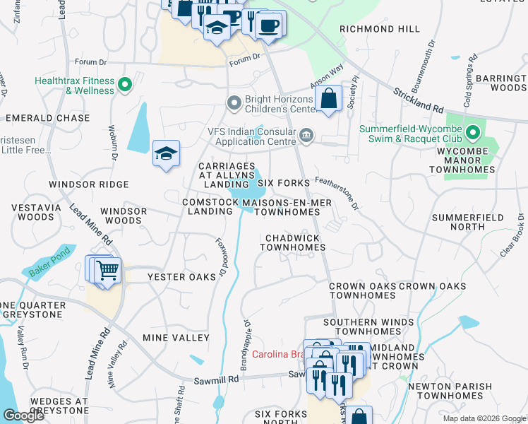 map of restaurants, bars, coffee shops, grocery stores, and more near 8041 Allyns Landing Way in Raleigh