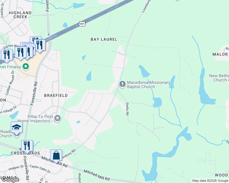 map of restaurants, bars, coffee shops, grocery stores, and more near 4005 Louisbury Road in Wake Forest