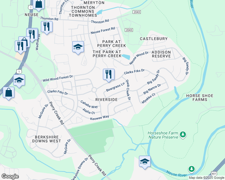 map of restaurants, bars, coffee shops, grocery stores, and more near 5700 Beargrass Lane in Raleigh