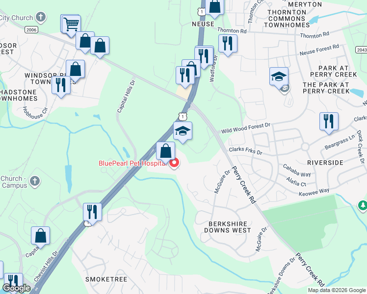 map of restaurants, bars, coffee shops, grocery stores, and more near in Raleigh