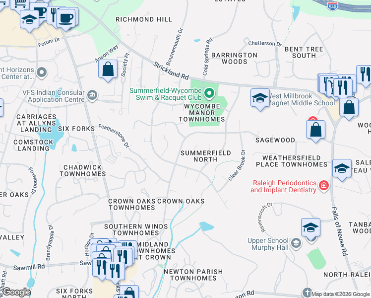 map of restaurants, bars, coffee shops, grocery stores, and more near 8209 Mourning Dove Road in Raleigh