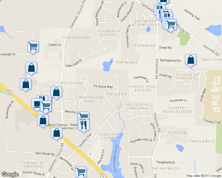 map of restaurants, bars, coffee shops, grocery stores, and more near 8404 Whisper Ridge Place in Raleigh