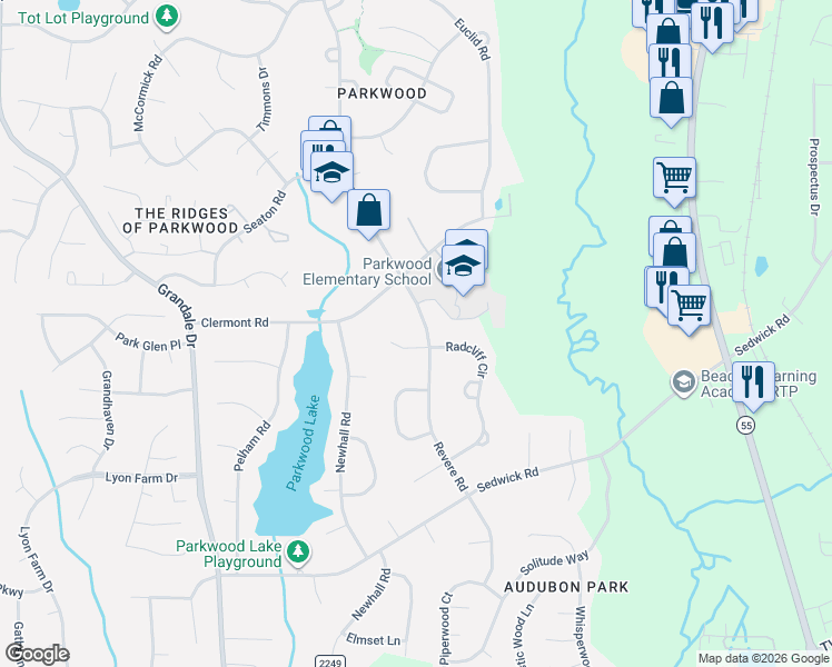 map of restaurants, bars, coffee shops, grocery stores, and more near 5218 Revere Road in Durham