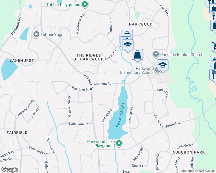 map of restaurants, bars, coffee shops, grocery stores, and more near 1333 Clermont Road in Durham
