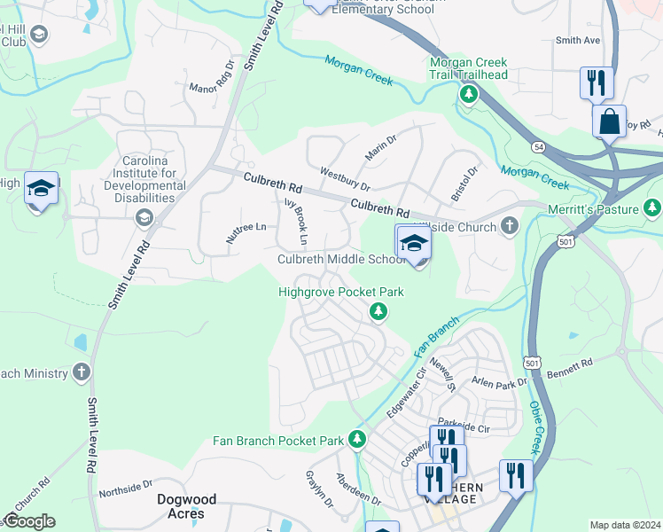 map of restaurants, bars, coffee shops, grocery stores, and more near 101 Hillspring Lane in Chapel Hill