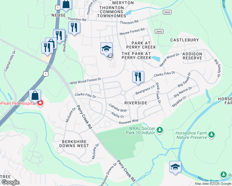 map of restaurants, bars, coffee shops, grocery stores, and more near 8313 Eel Court in Raleigh