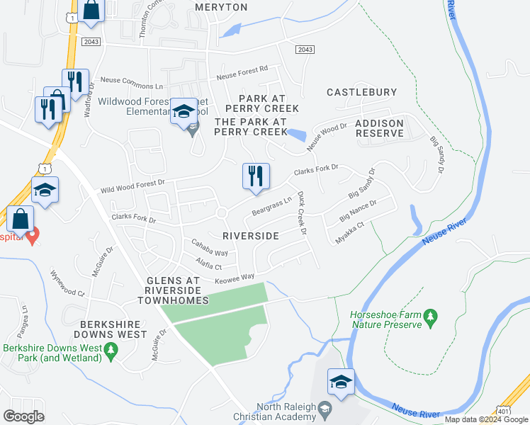 map of restaurants, bars, coffee shops, grocery stores, and more near 5700 Beargrass Lane in Raleigh