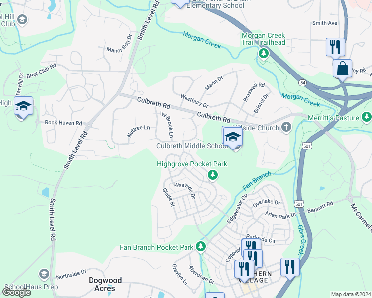 map of restaurants, bars, coffee shops, grocery stores, and more near 101 Hillspring Lane in Chapel Hill