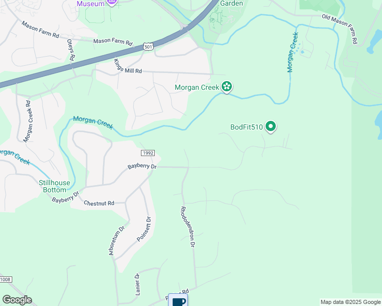 map of restaurants, bars, coffee shops, grocery stores, and more near 108 Rhododendron Court in Chapel Hill
