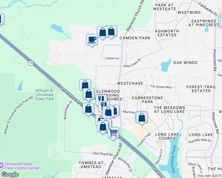 map of restaurants, bars, coffee shops, grocery stores, and more near 8417 SaltWood Place in Raleigh