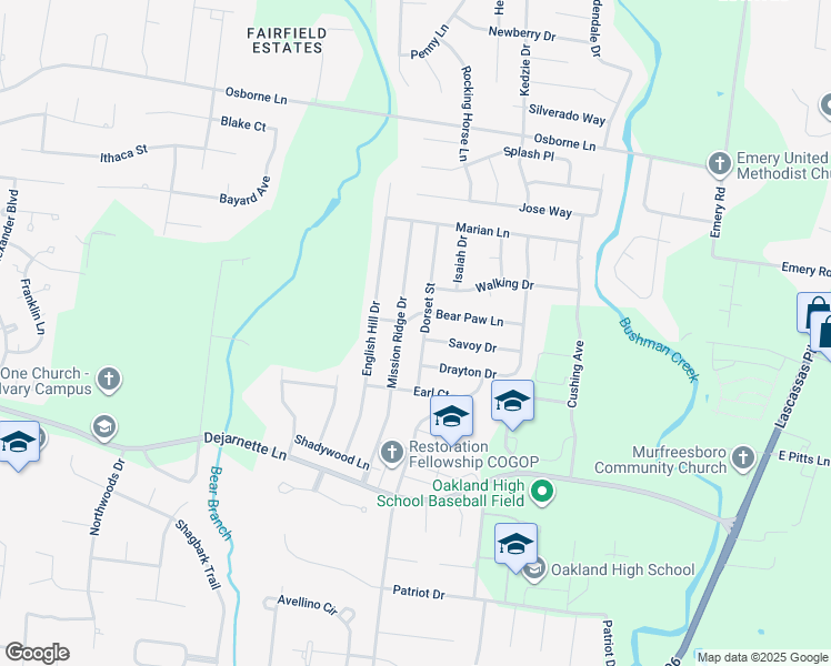 map of restaurants, bars, coffee shops, grocery stores, and more near 2529 Dorset Street in Murfreesboro