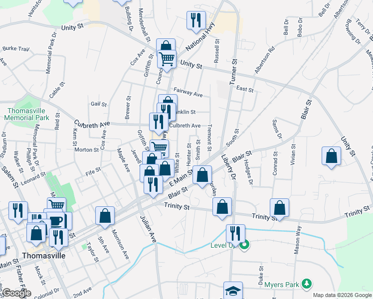 map of restaurants, bars, coffee shops, grocery stores, and more near 207 White Street in Thomasville