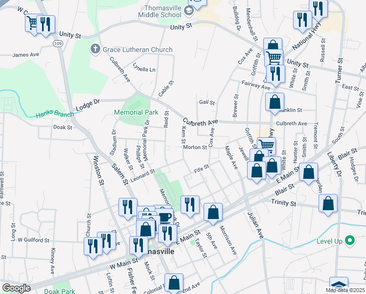map of restaurants, bars, coffee shops, grocery stores, and more near 400 Morton Street in Thomasville