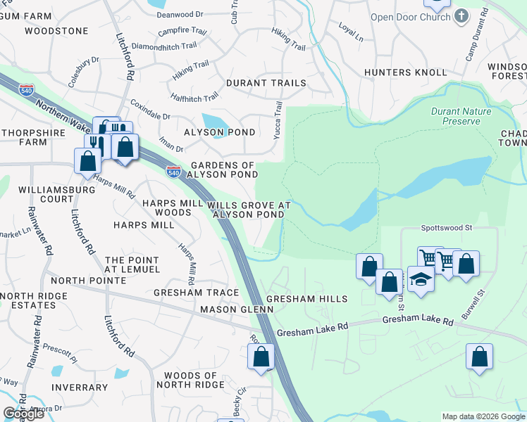 map of restaurants, bars, coffee shops, grocery stores, and more near 3041 Coxindale Drive in Raleigh