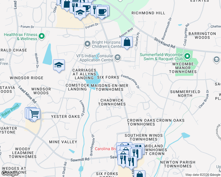 map of restaurants, bars, coffee shops, grocery stores, and more near 207 Bon Marche Lane in Raleigh