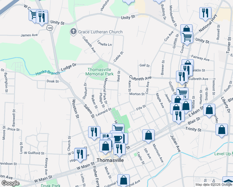 map of restaurants, bars, coffee shops, grocery stores, and more near 319 Reid Street in Thomasville